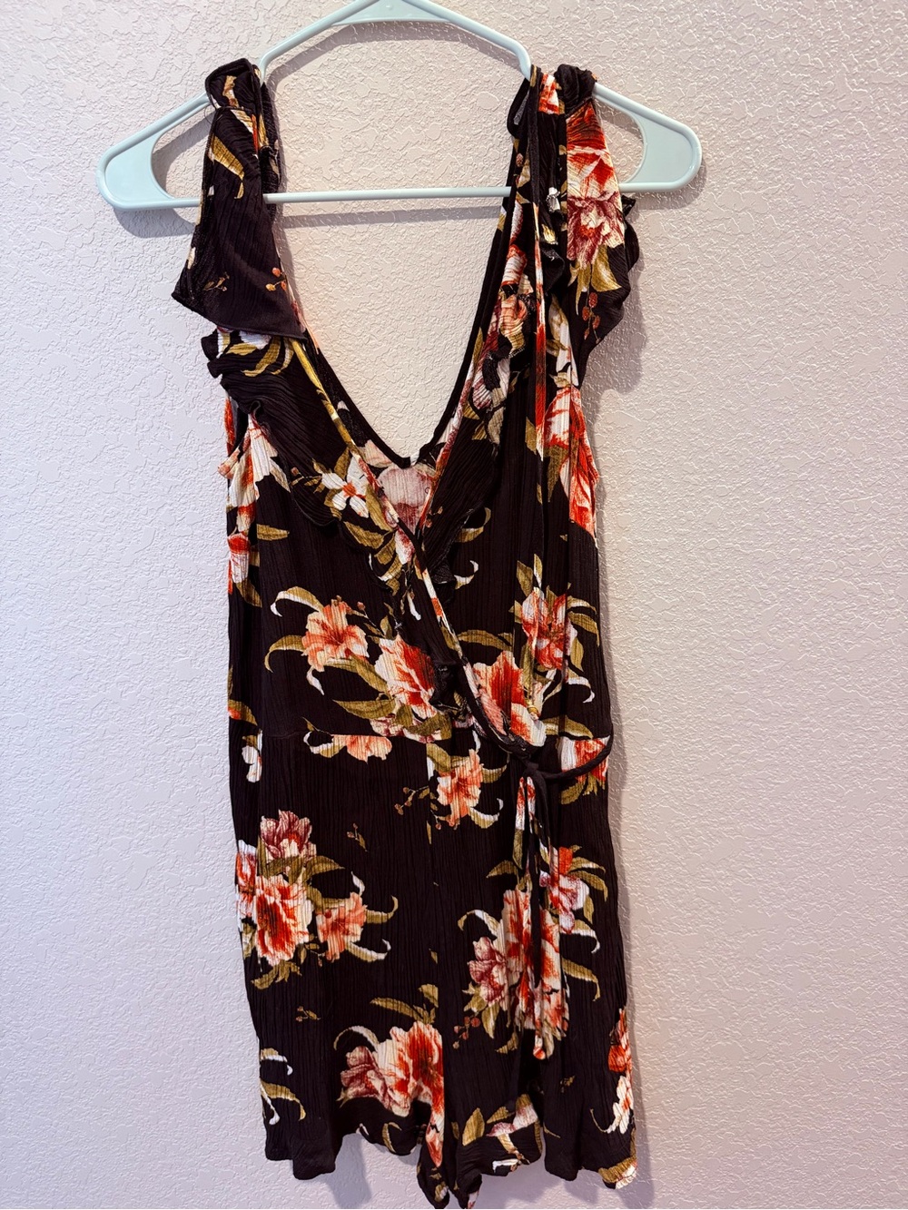 Floral Black Ruffle Romper with Tie Waist